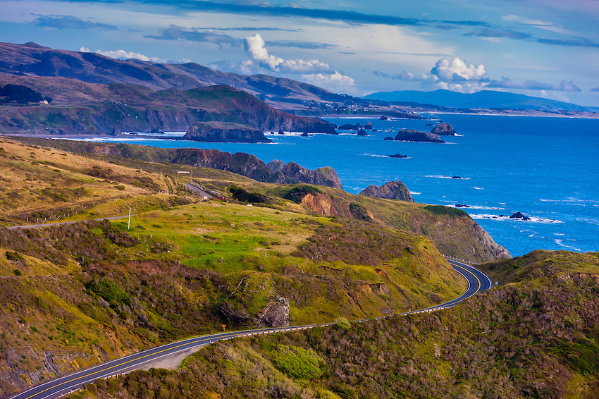 Windy road on Highway 1 overlooking the stunning coastline in Mendocino County, California USA