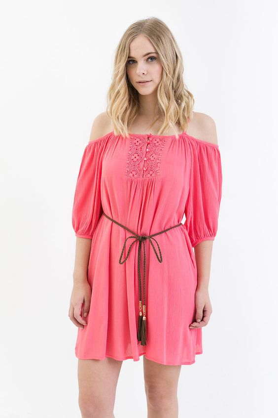 Olivia Open Shoulder Dress in Coral