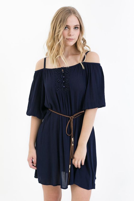 Olivia Open Shoulder Dress in Navy