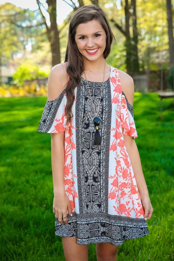 Prints Charming Coral Open Shoulder Dress