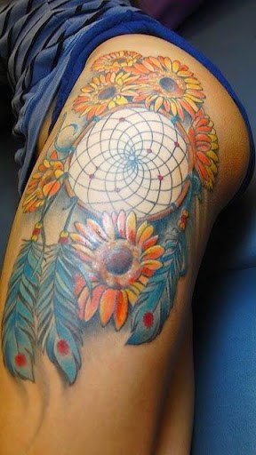 colorful-dreamcatcher-with-sunflower-tattoo-ideas-for-thigh