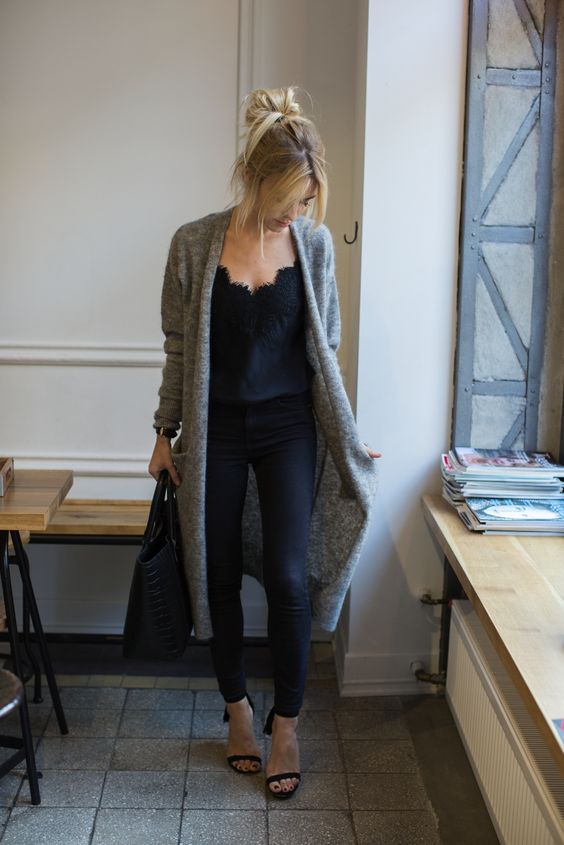 Long grey cardigan hot sale outfit ideas