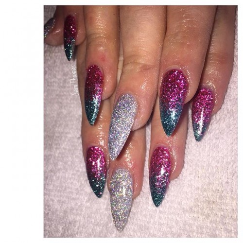 long-stiletto-nails-with-fuchsia-green-glittery-polish