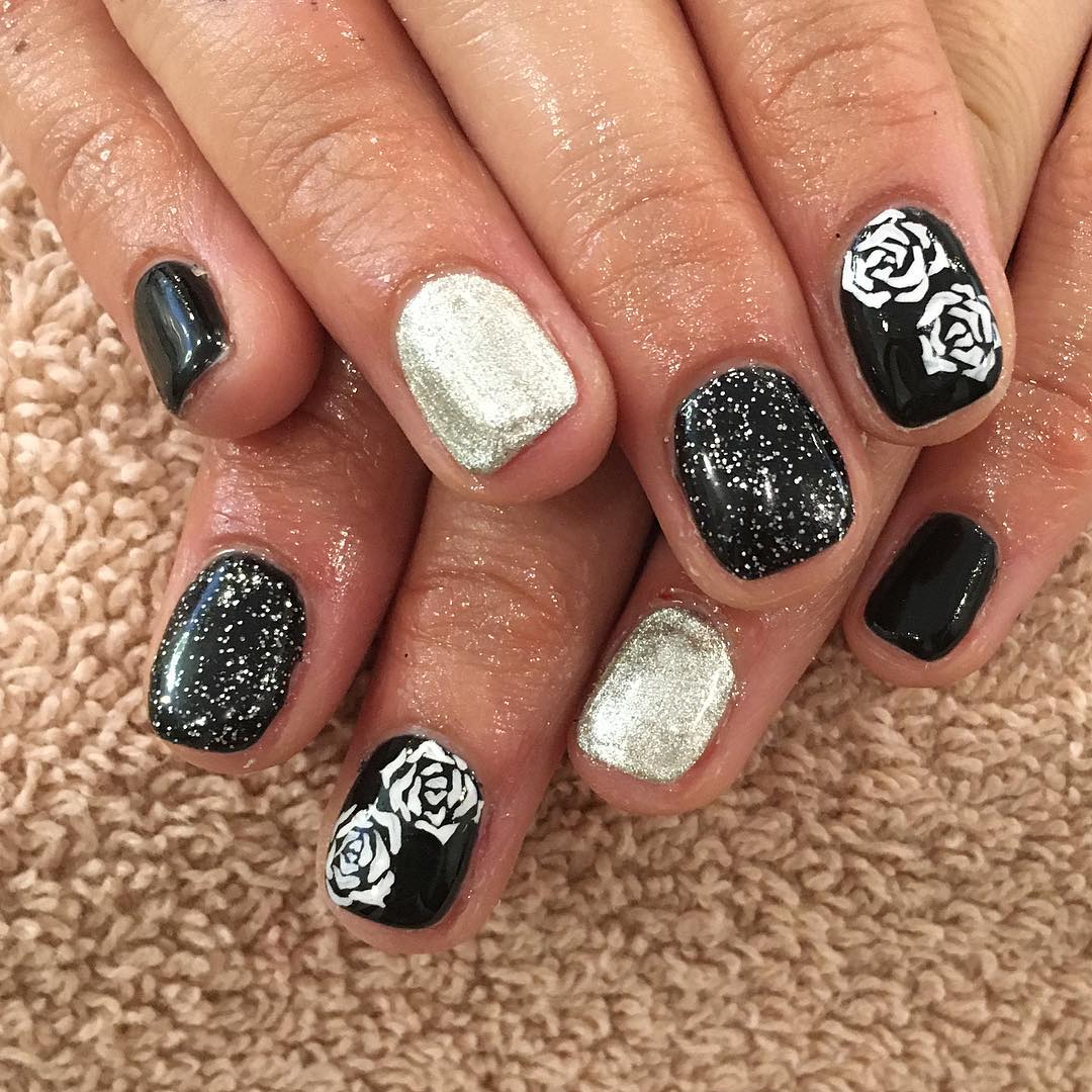 Glitter White and Black Nails