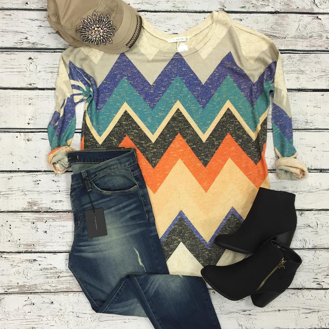 Just in! Light knit chevron top! Perfect colors transitioning to Fall!