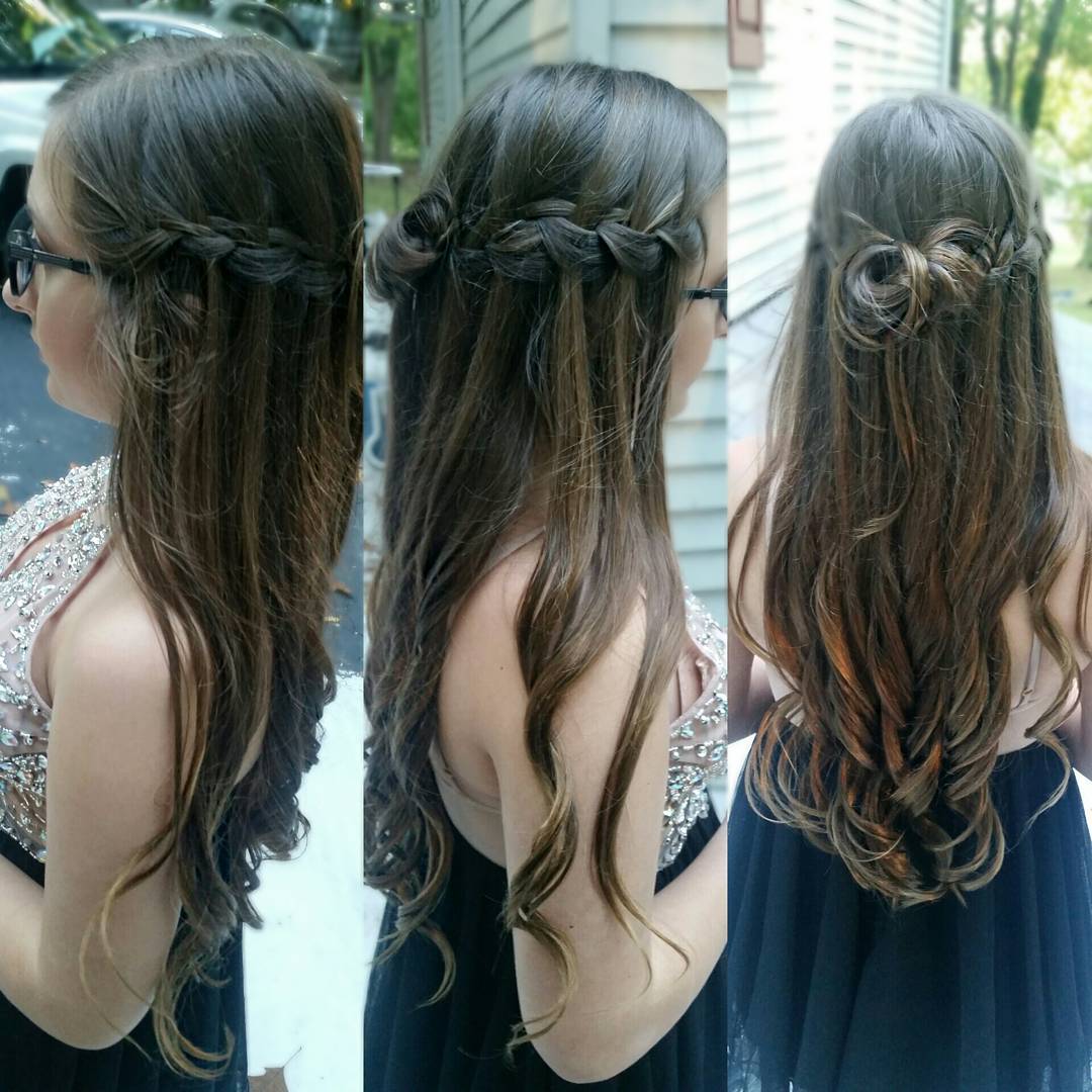 The other homecoming hair I did. Kept it simple for her first homecoming! #homecominghairstyles #waterfallbraids #lightcurls #curlyhairstyles