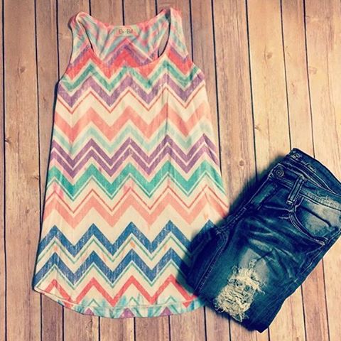 We love this must have chevron tank and distressed jeans