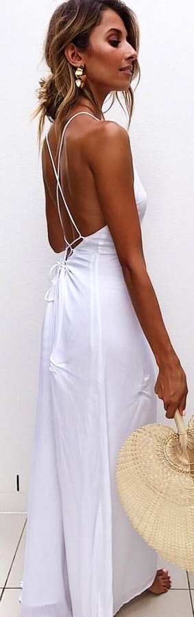 White spaghetti strap floor length dress. Pic by mura_boutique  Fashionable Outfit Ideas