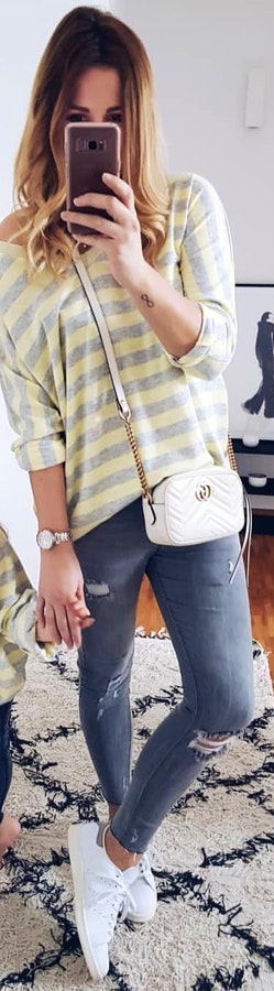 Yellow and gray striped long-sleeve shirt and distressed gray denim fitted jeans. Pic by _shopaholic_girl   Fashionable Outfit Ideas