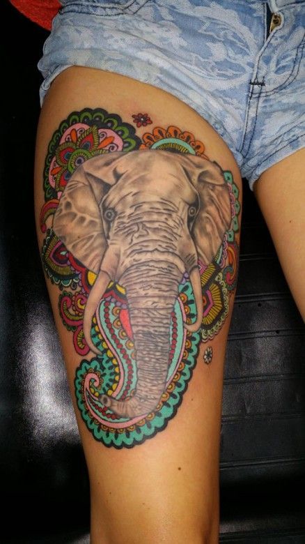 floral elephant thigh leg tattoo