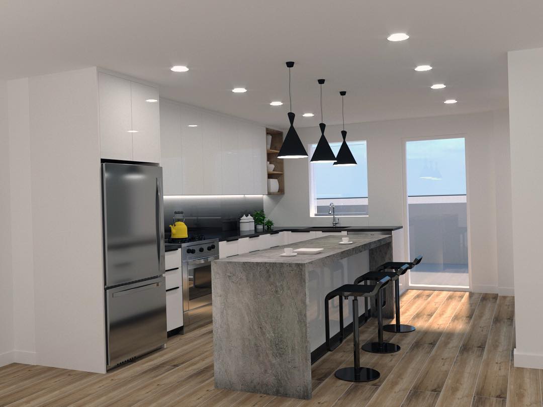 #wood #moderndesign #white #kitchendesign #comcrete #kitchenisland #blackwhite