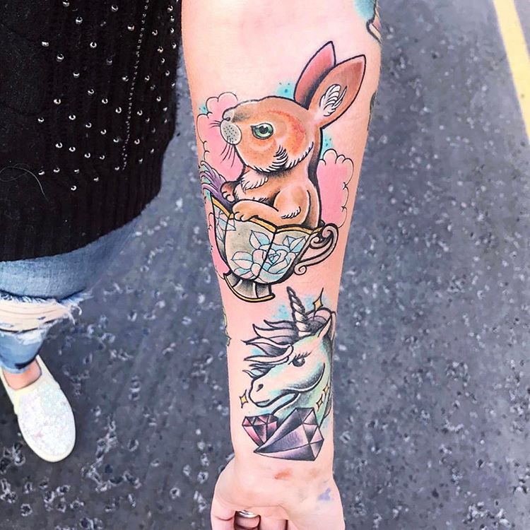 #rabbittattoo #bunny #bunnytattoo #teacuptattoo #newschooltattoo #customtattoo #tattoooftheday #tattoosnob #tattoolove #girlytattoo #cutetattoo #girlytattoos #unicorntattoo