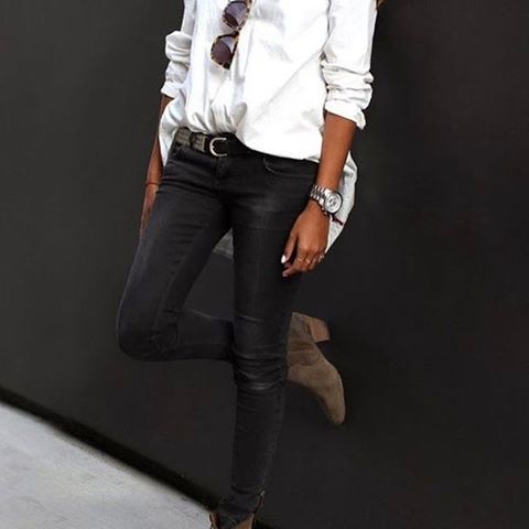 Classic white button up shirts and sexy black jeans #classic #whiteshirt #shopping #fashion #blackjeans