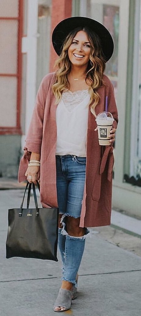 women's brown cardigan, white shirt, distress blue jeans and gray pep-toe shoes outfit