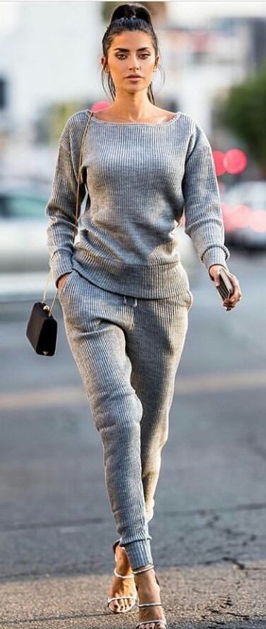 women's grey boat-neck sweater and sweat pants