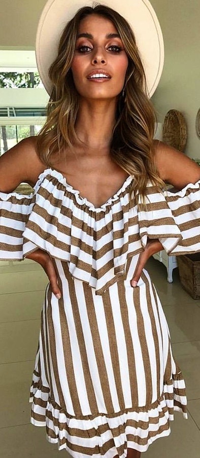 Brown and white striped off-shoulder mini dress. Pic by mura_boutique