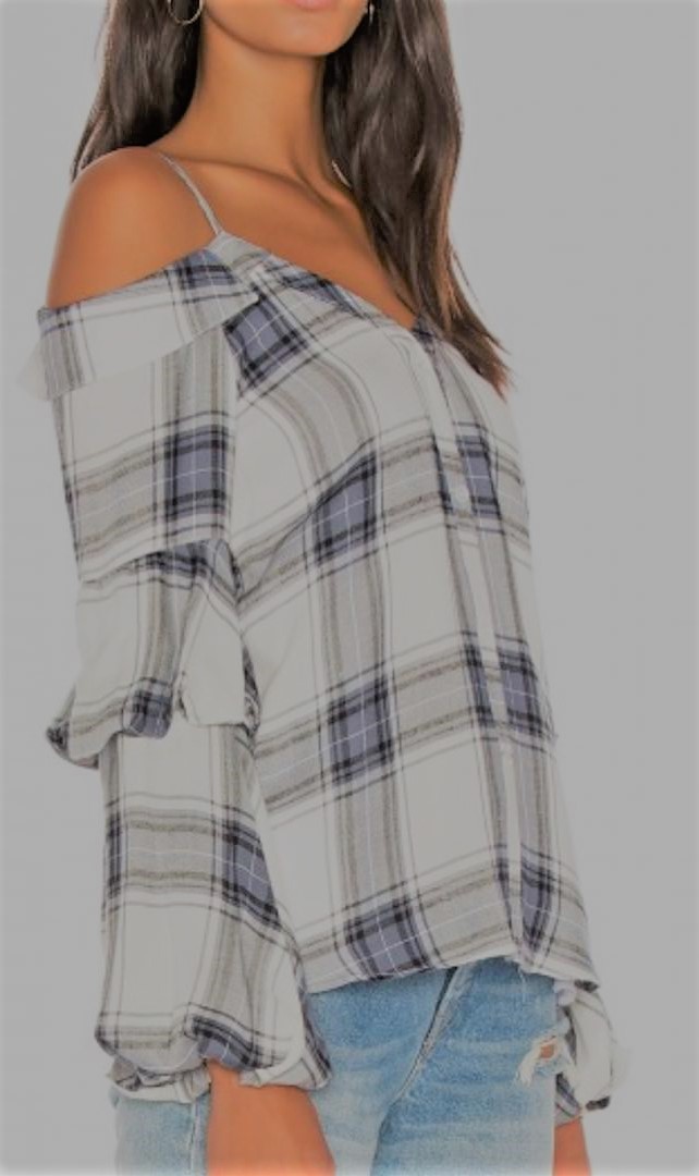 Open shoulder bubbles leeve black and white plaid shirt