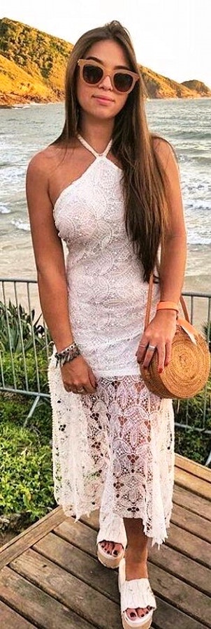 White lace floral sleeveless midi dress.