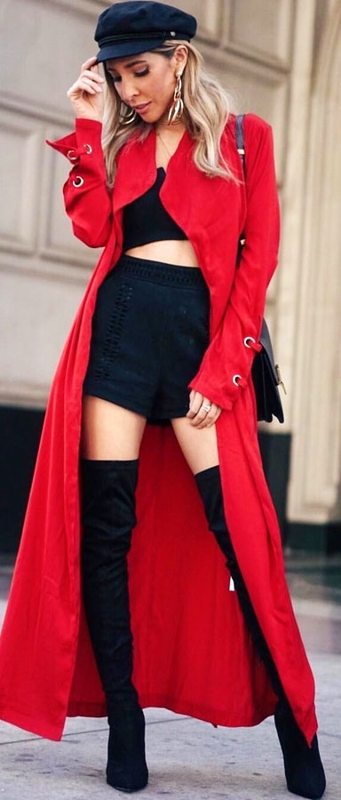 Woman wearing red coat.