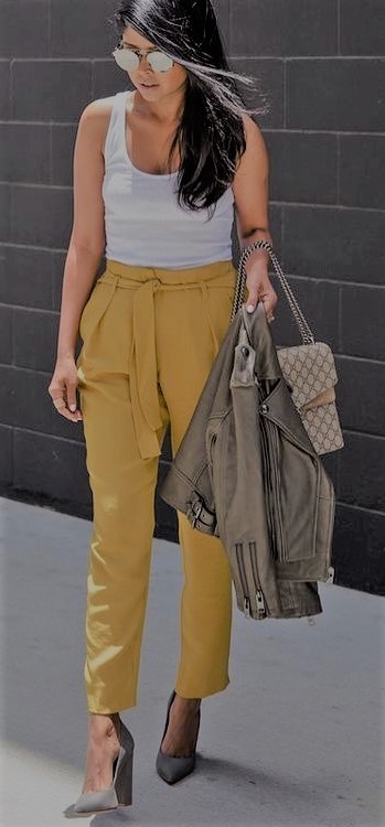 Yellow Belted Pants With White Top