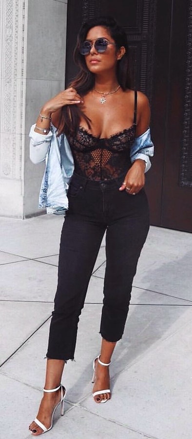 Black mesh top with black high waist pants