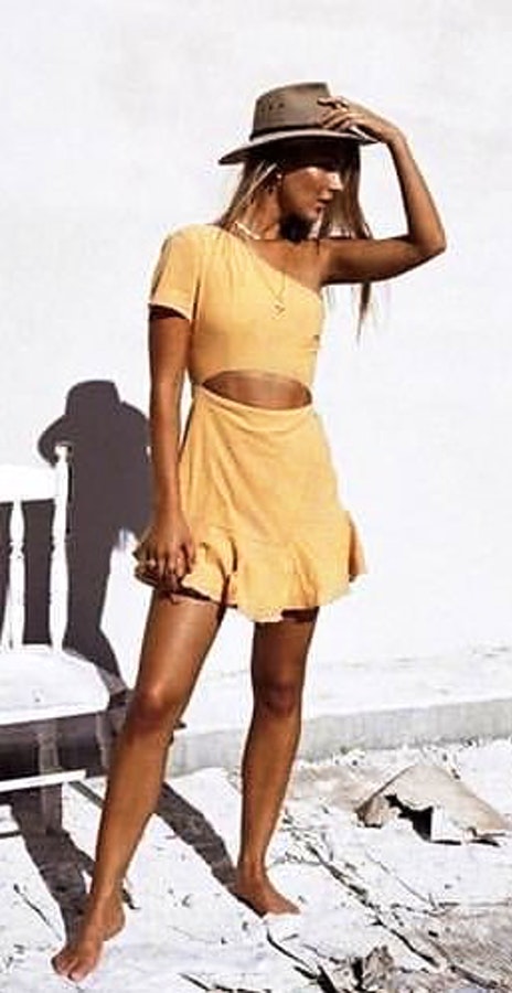 Brown single-strap crop-top with mini skirt