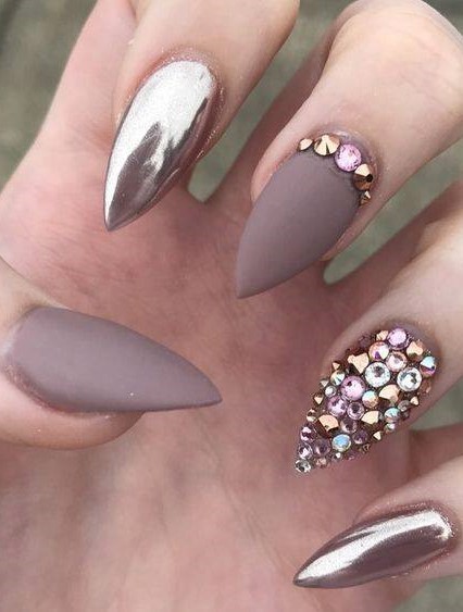 Fascinating Metallic Matte and Diamante Style Nail Art