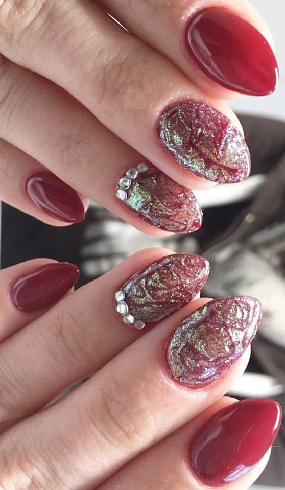 Ravishing Wrickled Metallic with a Touch of Red Nail Art