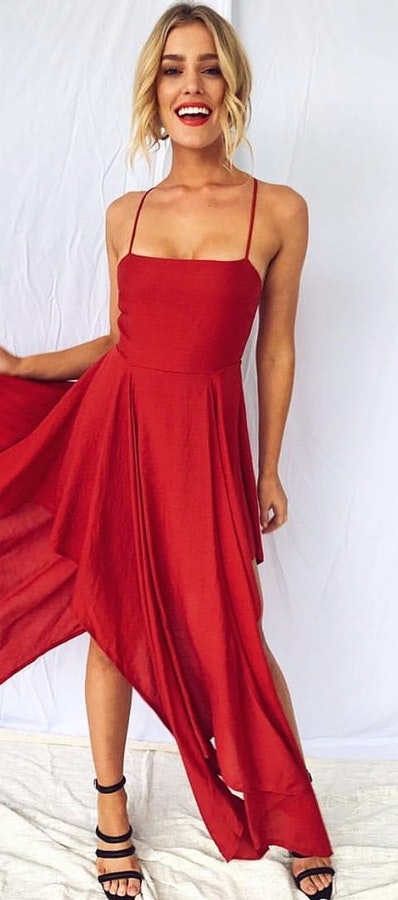 Red Maxi Dress + Black Sandals