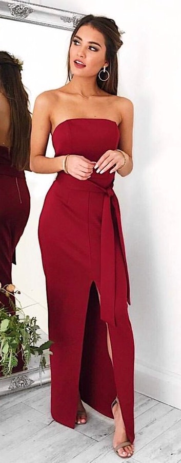 Red Off The Shoulder Maxi Dress + Grey Sandals