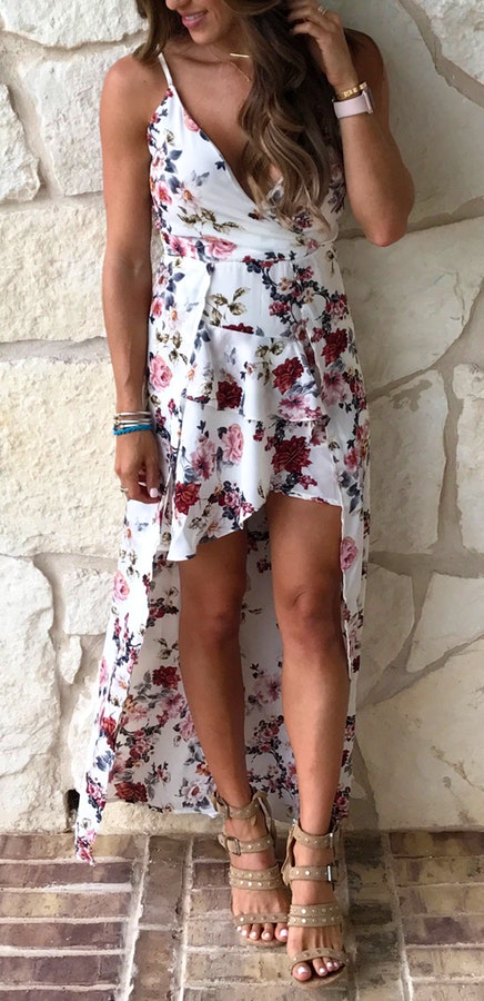 White Floral Maxi Dress + Grey Studded Sandals