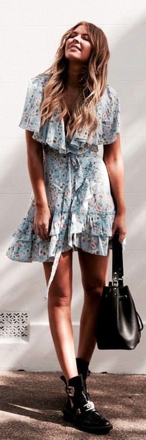 Awesome grey and blue floral short-sleeved a line mini dress.