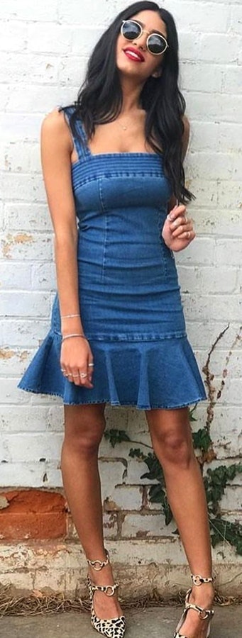 Chambray square neck sleeveless mini dress.