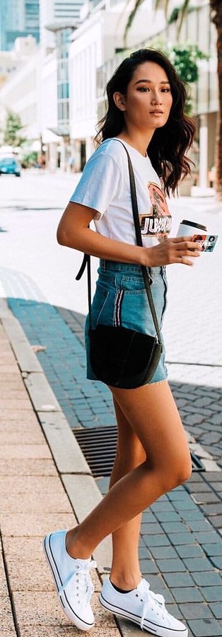 Go with white and orange crew-neck t-shirt and blue denim shorts.