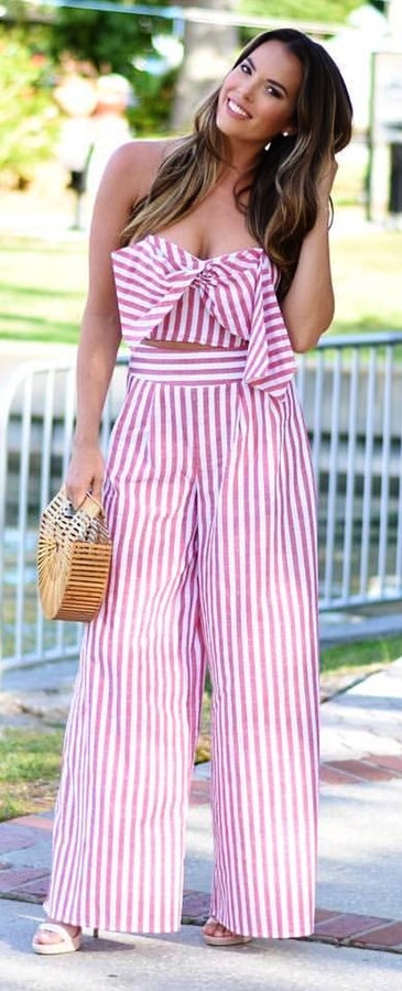 Interesting white and red striped crop top and pants.