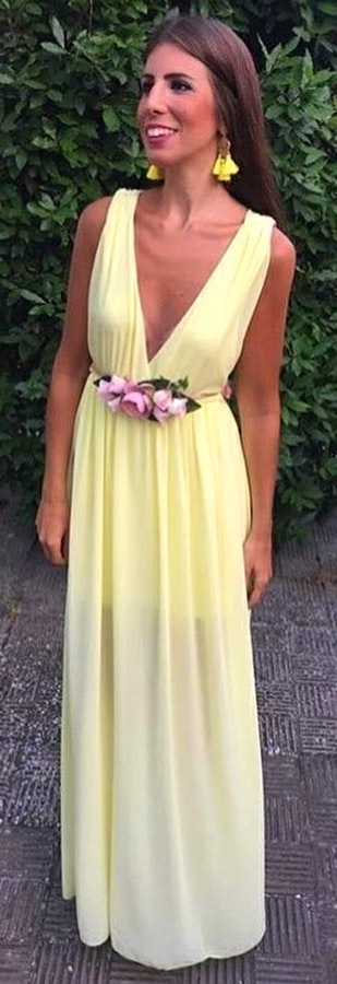 Beige plunging neckline sleeveless long dress.