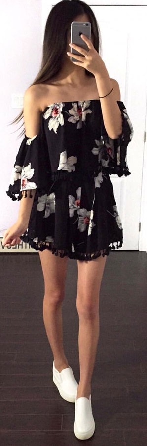 Black and white floral off-shoulder dress.