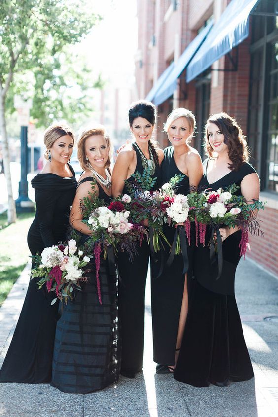 Black gowns in a mix of lush fabrics