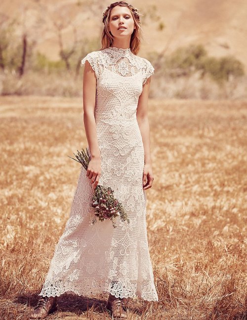 Long crochet boho chic summer wedding dress with high neck and cap sleeves