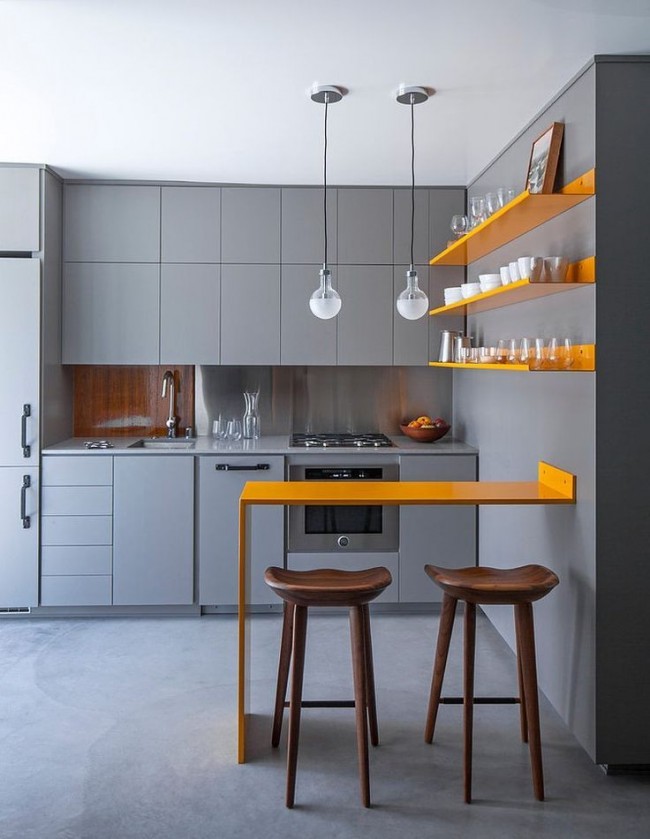 #Modern #Style #Kitchen #Design Orange shelves and a bar stand perfectly on a gray background