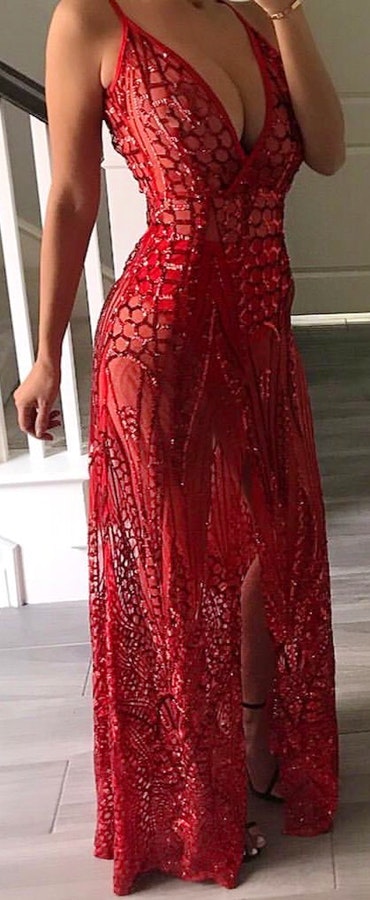 Red plunging neckline spaghetti strap long gown.