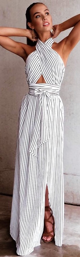 White and gray halter dress.