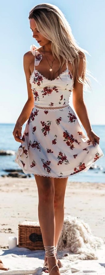 White and red floral spaghetti strap dress.