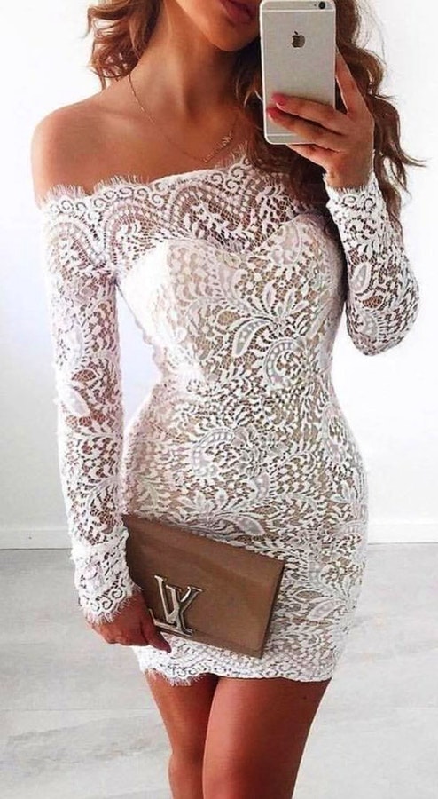 White off-shoulder long-sleeved dress.