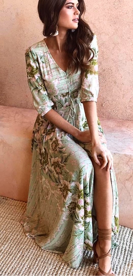 woman's white and green floral v-neck quarter-sleeve side-slit maxi dress outfit.