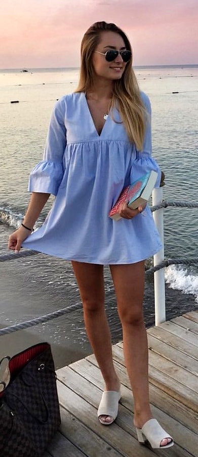 women's white v-neck 3-4 sleeve mini dress.