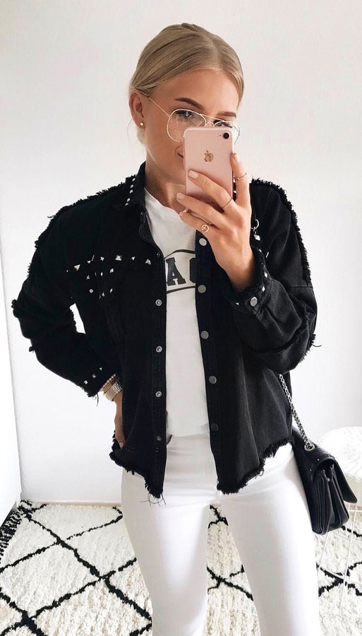 Black Jacket + White Printed Tee + White Skinny Jeans.