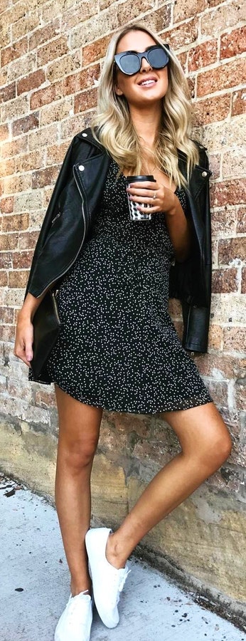 Black Leather Jacket + Black Dotted Dress + White Sneakers.