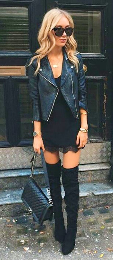 Black Leather Jacket & Black Silk Dress & Black OTK Boots.