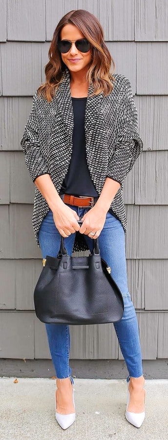 Black & White Blazer + Black Top. Winter Outfits